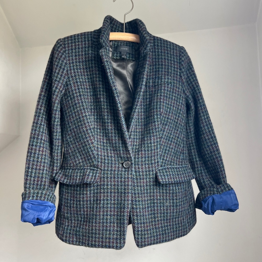 J.Crew Wool Blazer 4 Gray Houndstooth Tweed Jacket Professional Plaid Preppy - Picture 2 of 11